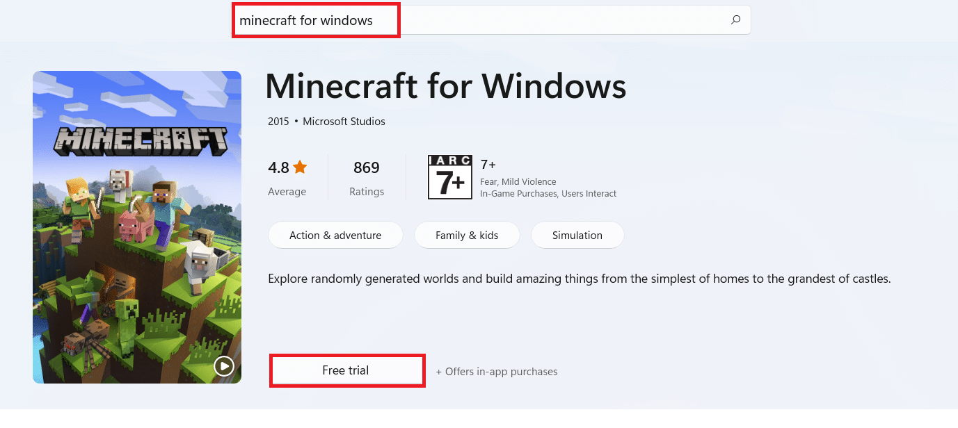 Введите Microsoft для Windows в строке поиска и нажмите Enter. Нажмите кнопку «Бесплатная пробная версия», как показано ниже.