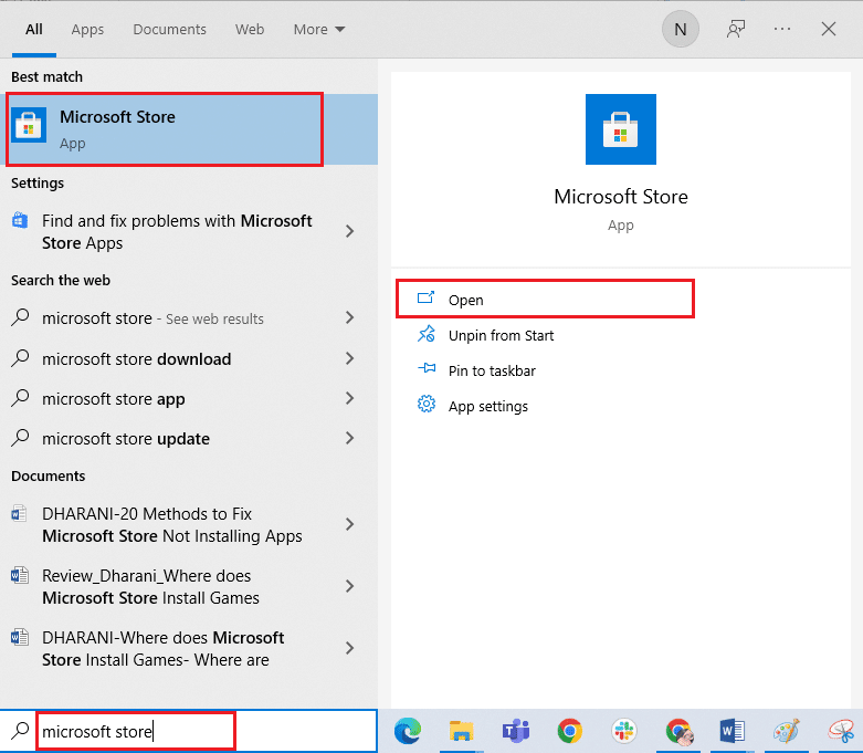 Escriba Microsoft Store en el menú de búsqueda y haga clic en Abrir. Reparar la cámara en uso por otra aplicación en Windows 10