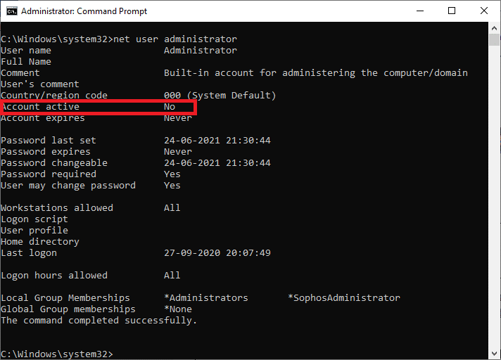 Type net user administrator in the command prompt and hit enter | | Enable or Disable Administrator Account in Windows 10