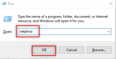 Type netplwiz and click on OK to open the User Accounts window