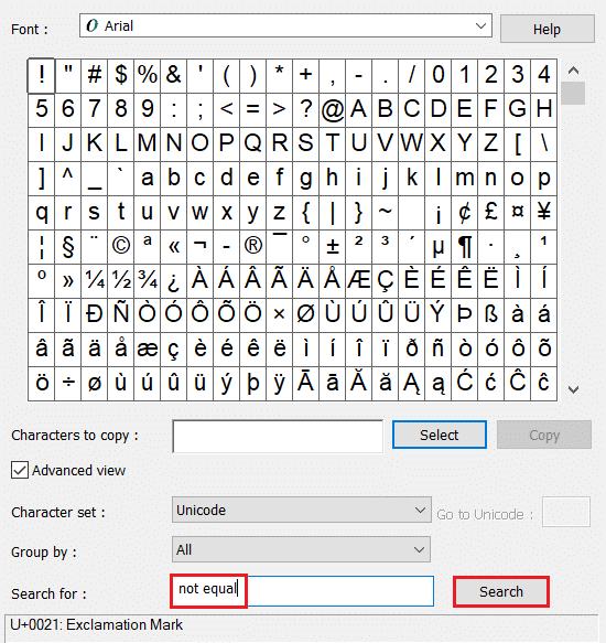 type not equal and select search option. How to Type Does Not Equal Sign