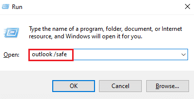 Введите Outlook Safe в поле «Выполнить» и нажмите Enter. Исправить Outlook, пытающийся подключиться к серверу