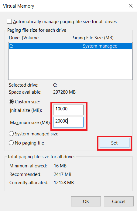 enter the custom size and click on Set button. How to Fix WSAPPX High Disk Usage in Windows 10