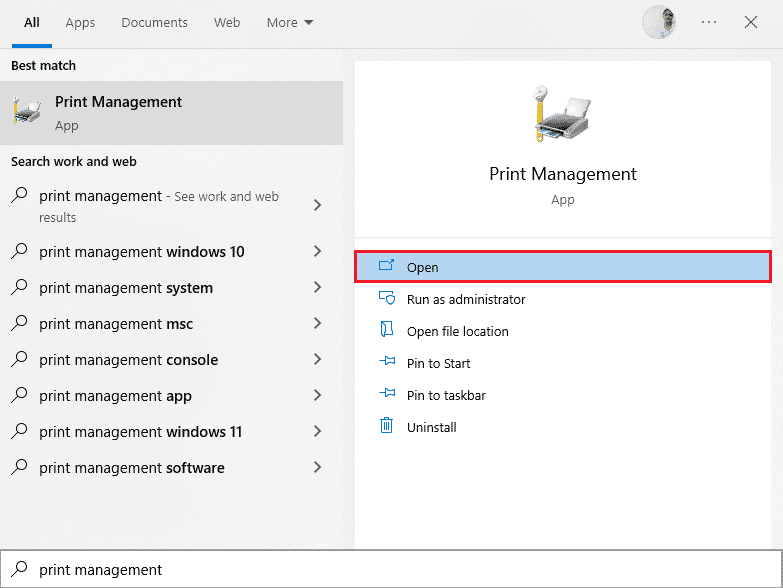 Type Print Management in the Windows search bar 