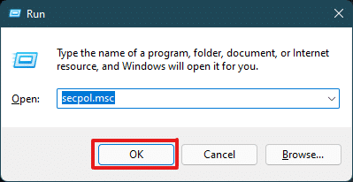 type secpol.msc and click OK in Run dialog box to open Local Security Policy app