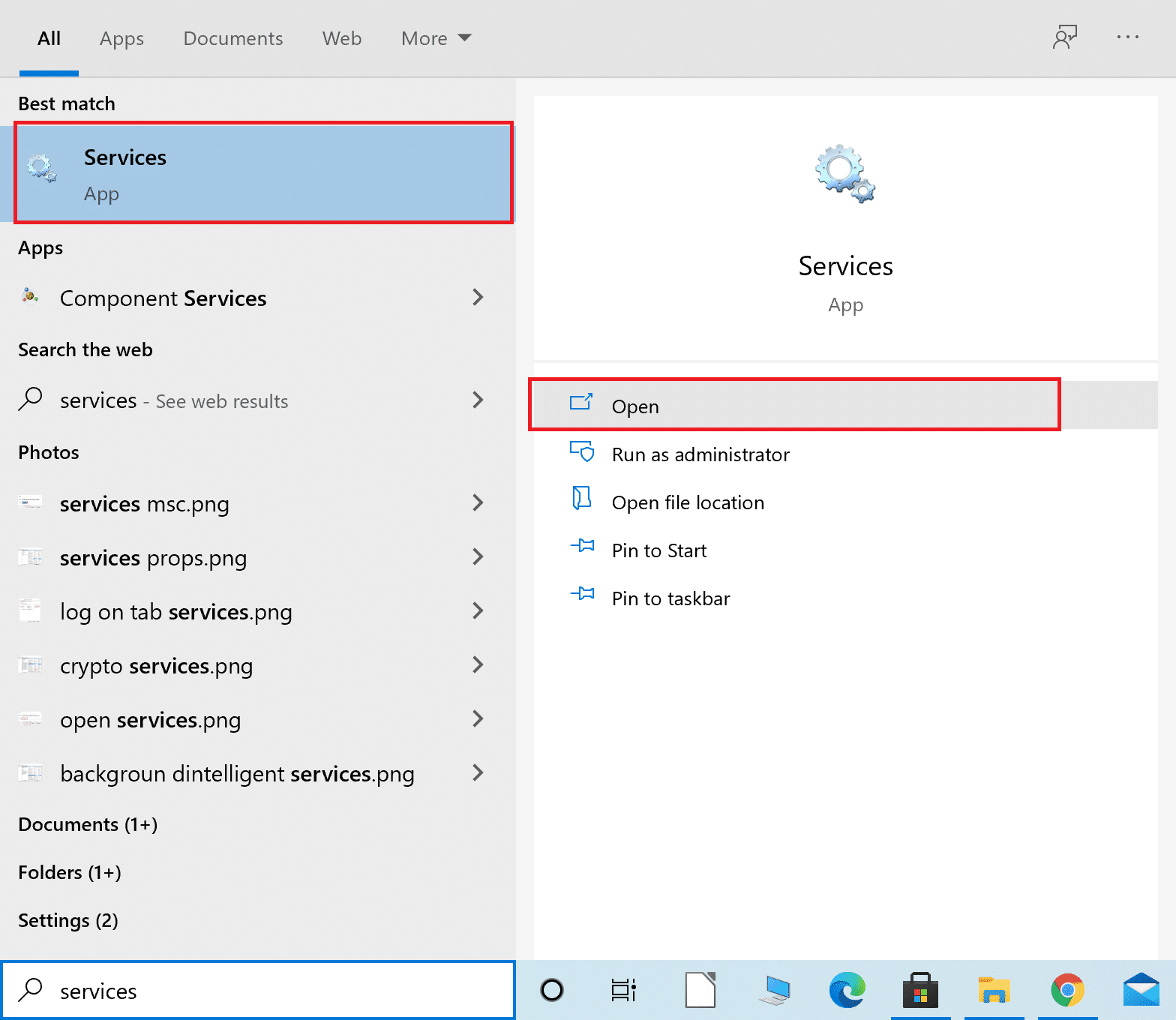 Type Services in the Windows search bar and launch the app