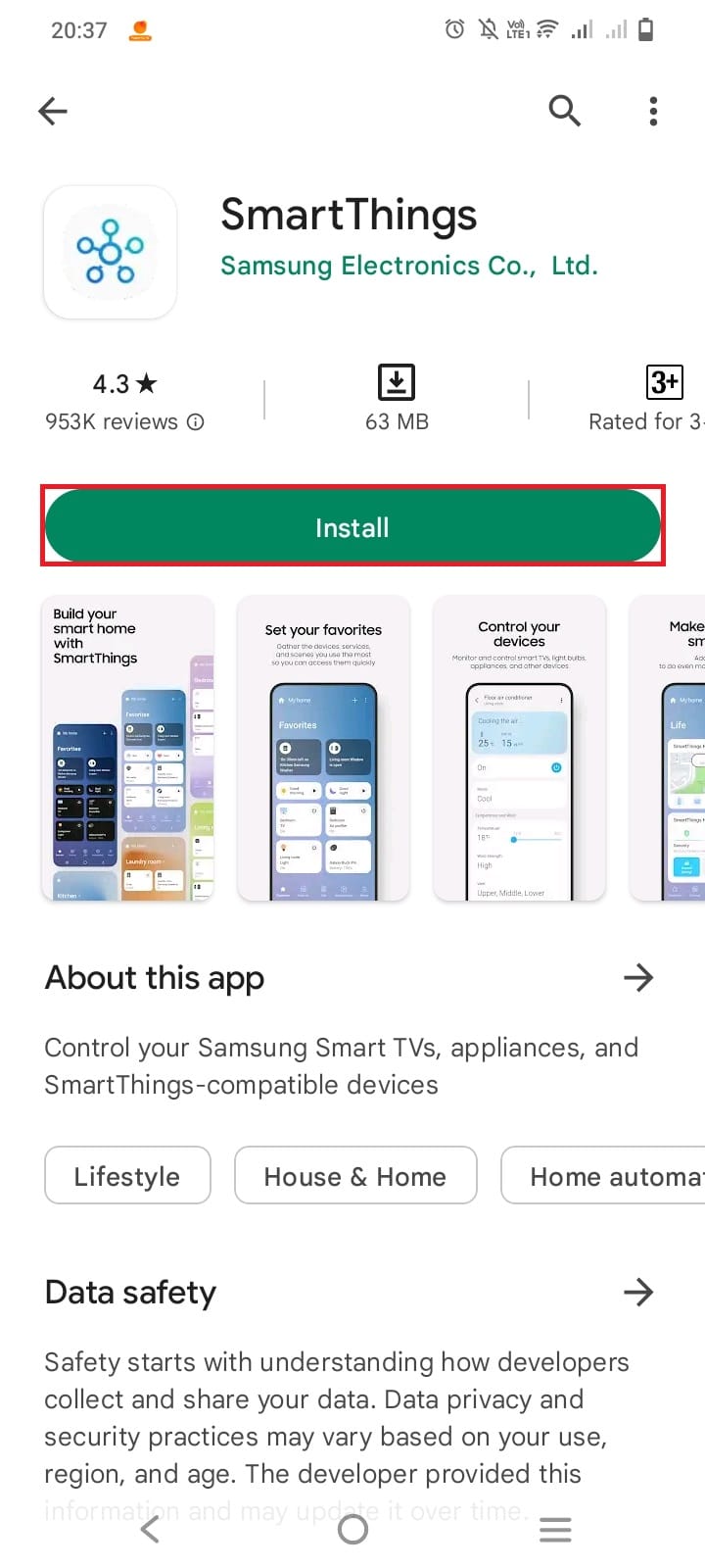 Digite SmartThings no teclado do Google. Toque no botão de instalação para instalar o aplicativo.