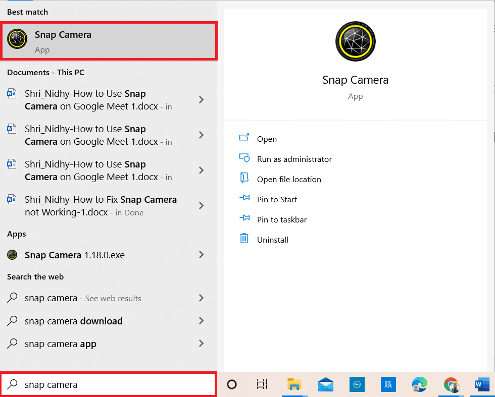 Escriba Snap Camera en la barra de búsqueda de Windows e inicie la aplicación en su PC