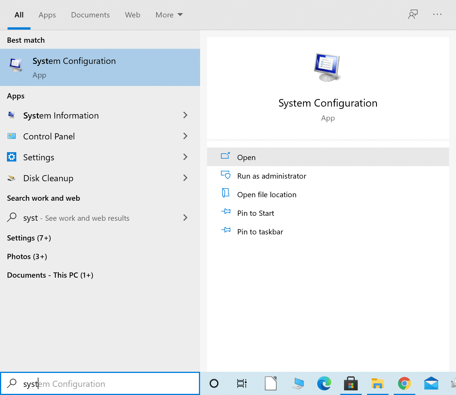 Type System Configuration in the Windows search bar