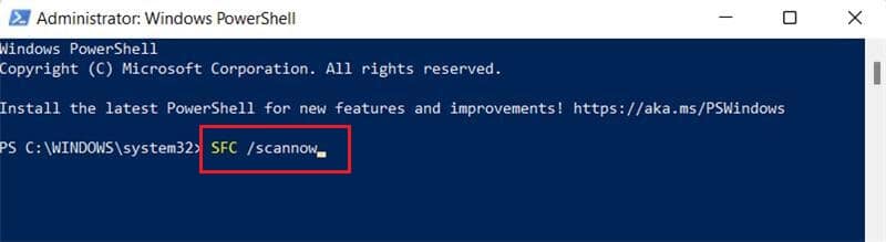 type system file scan, sfc scan command in Windows Powershell or Windows terminal Windows 11. how to repair Windows 11 with SFC and DISM