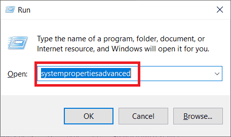 Typ systempropertiesadvanced en druk op Enter. Fix GTA 5 crasht bij opstarten in Windows 10