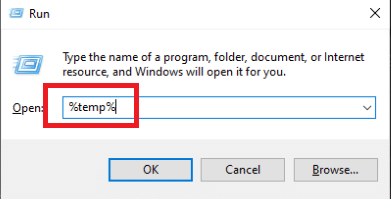 tik temp in run dialoogkassie. Herstel installasiefout OBS in Windows 10