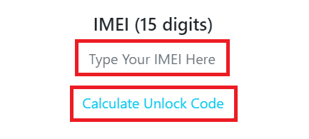 Escriba el número IMEI de 15 dígitos en el campo indicado y haga clic en el botón Calcular código de desbloqueo.