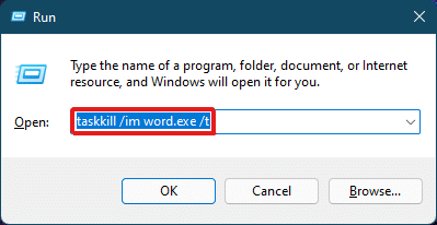 Введите Taskkill /im word.exe /t и нажмите клавишу Enter на клавиатуре, чтобы запустить команду. | как принудительно закрыть программу в Windows 11