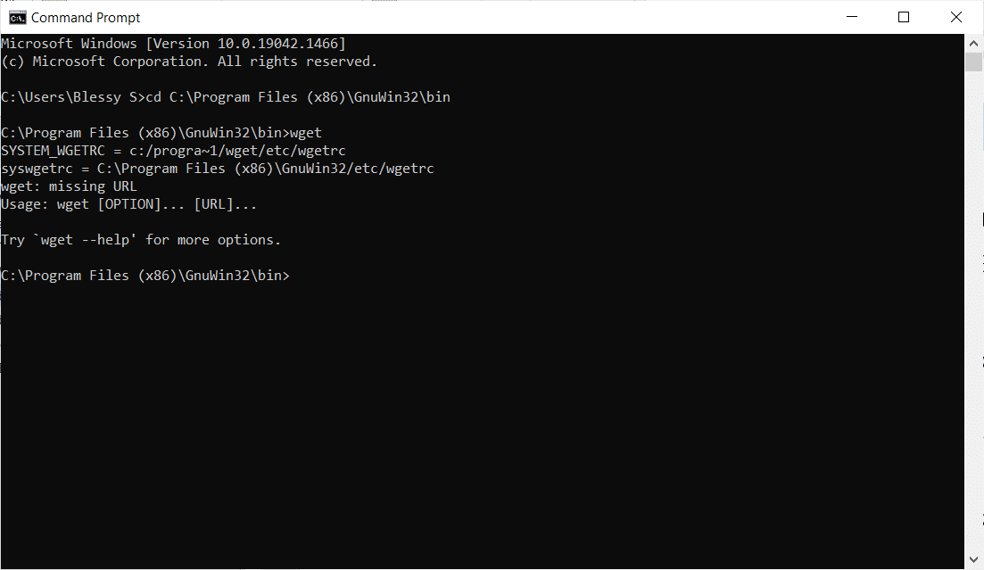 Type the commands to execute wget | WGET for Windows 10