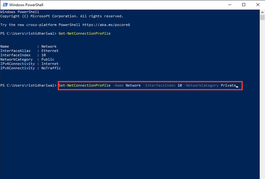 type the following command in powershell