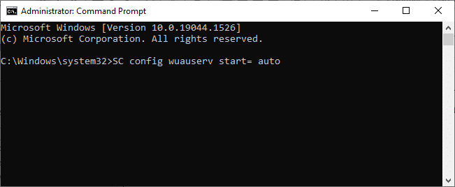type the following commands one by one. Hit Enter after each command. SC config wuauserv start auto SC config bits start auto SC config cryptsvc start auto SC config trustedinstaller start auto 