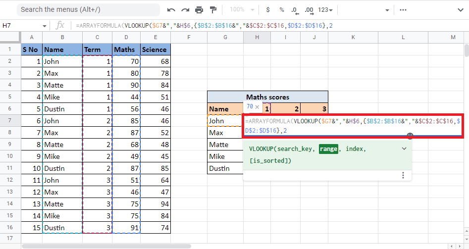 Type the index value of the column that will give you the target value. Here, it is we will type 2 to get the values from the Maths column