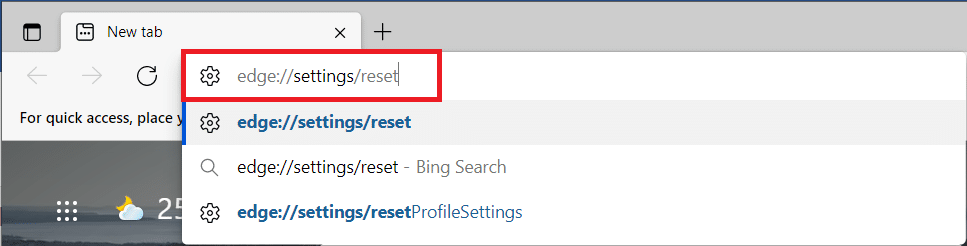 Type the shortcut link in the search bar to directly launch the Reset Edge page
