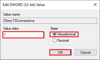 type the value as 1 in the Value data bar and click on the OK button. Fix Remote Desktop Cannot Connect to the Remote Computer