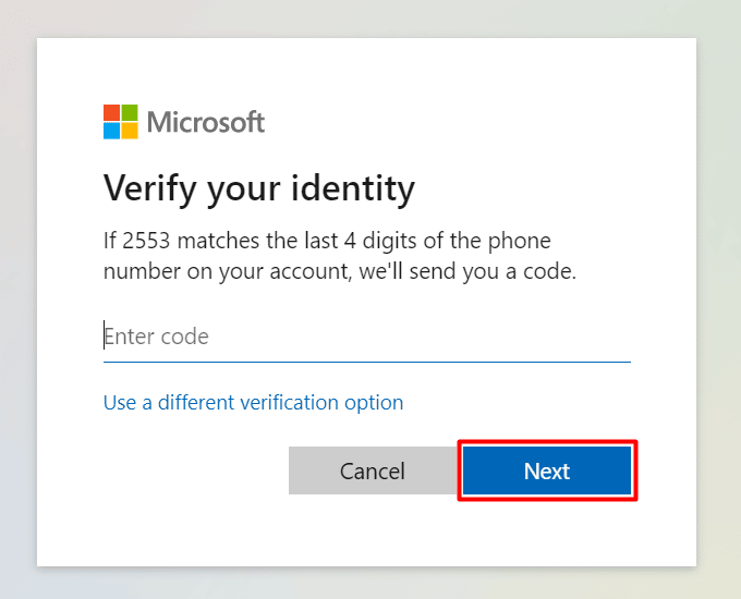  Type the verification code that was received in your recovery email, then click the Next button.