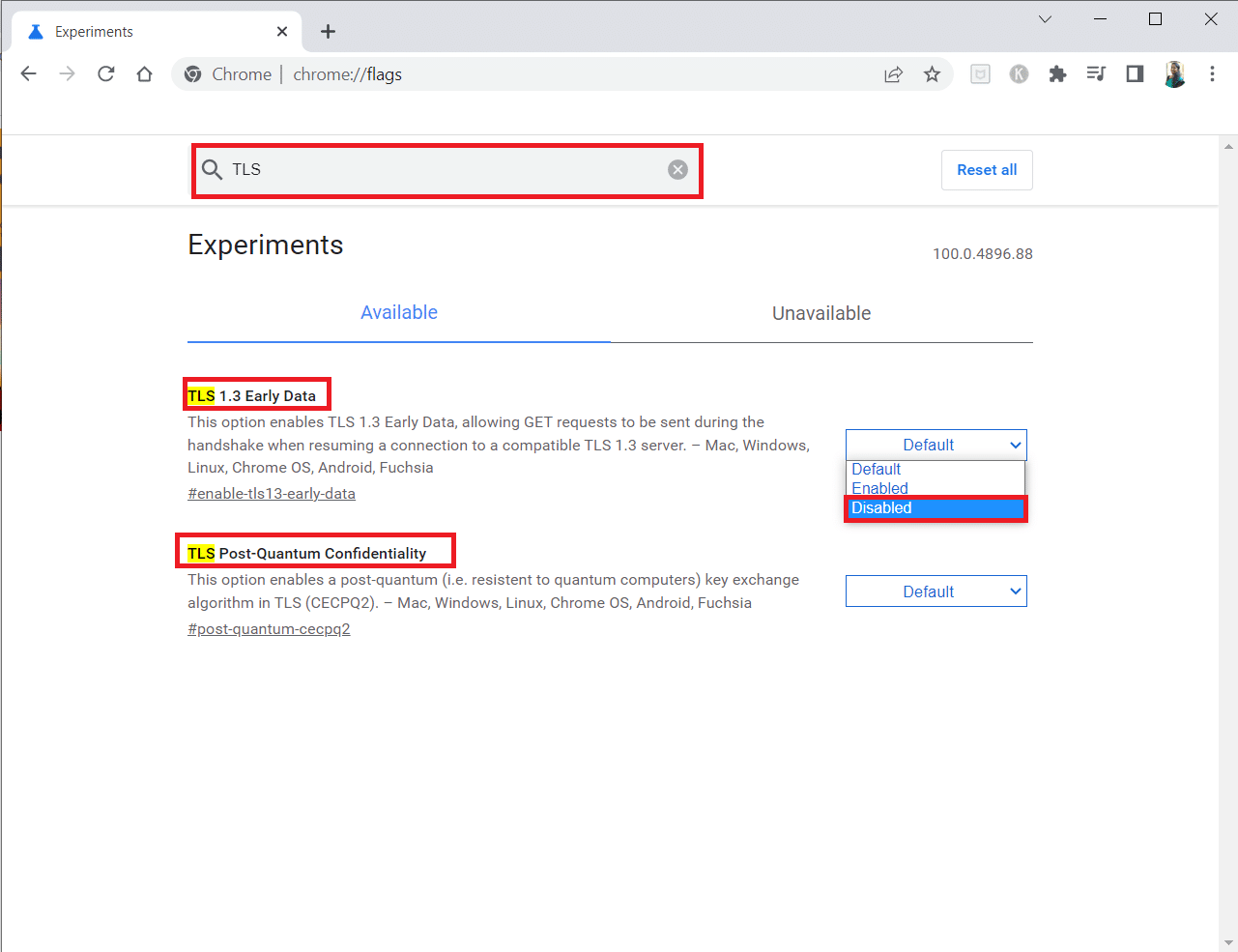 Type TLS on the search bar and select Disable option for TLS related flags. 12 Ways for Establishing Secure Connection on Chrome