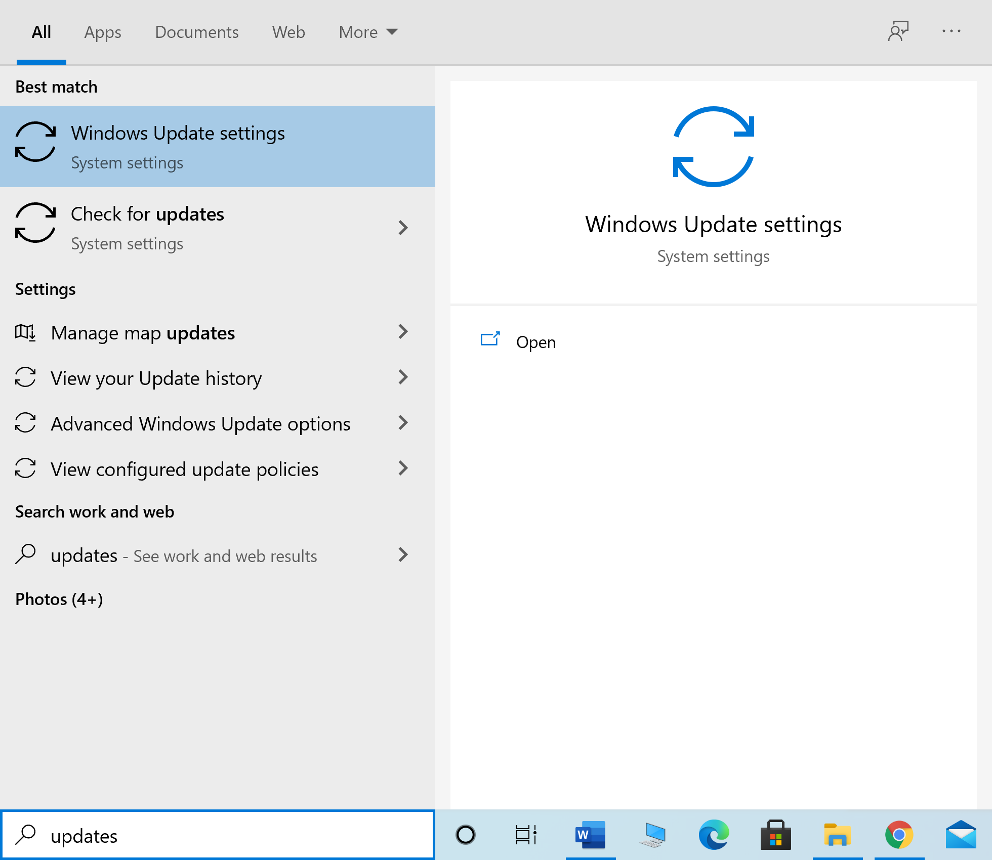 Type Updates into Windows search and launch the Windows Update settings from the search result.
