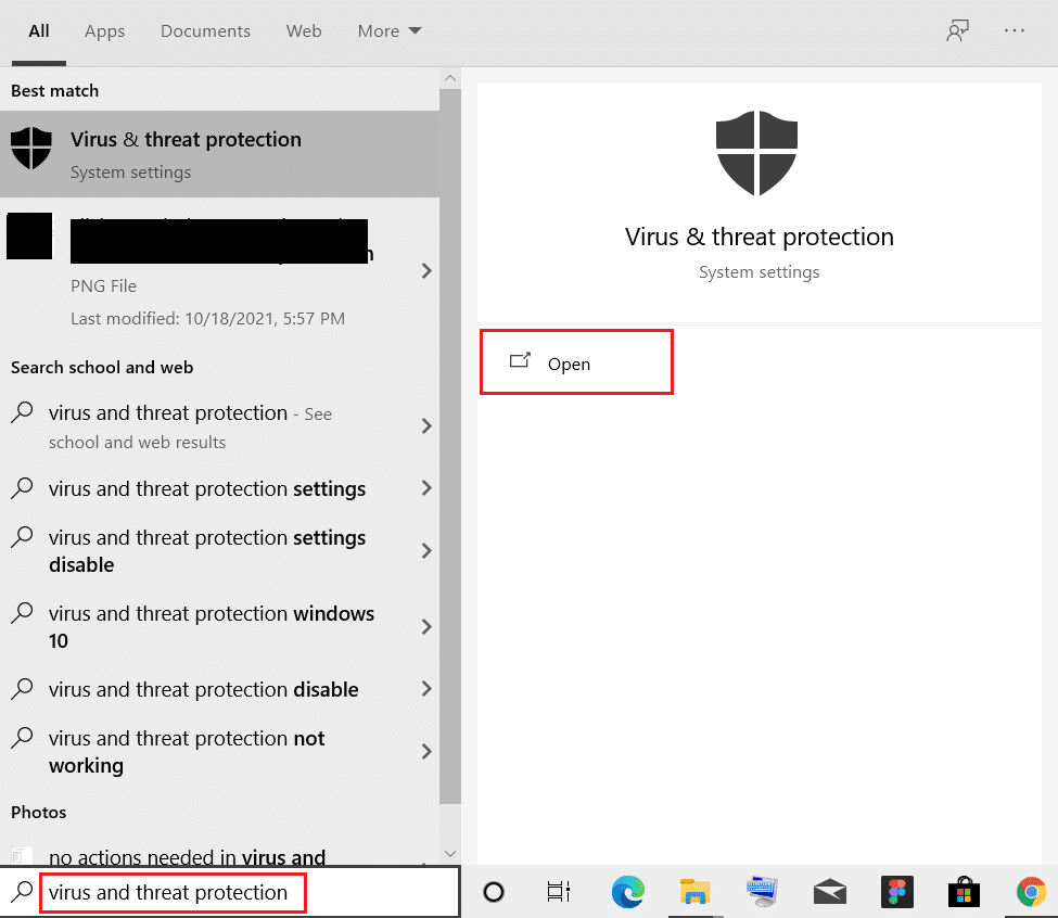 type virus and protection in windows search bar and click open