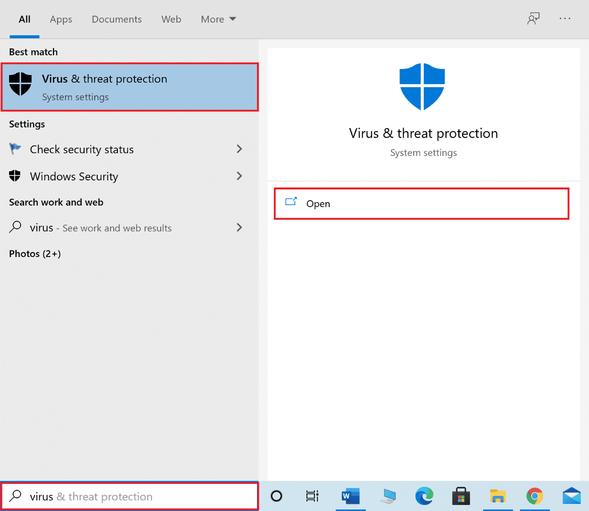 Digite proteção contra vírus e ameaças na barra de pesquisa do Windows e clique em Abrir