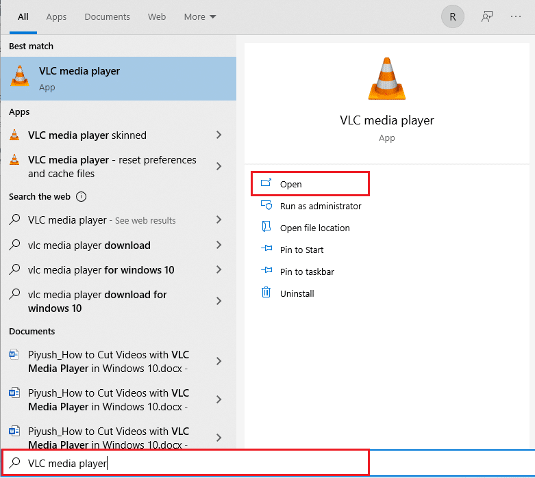 Type VLC media player and click Open on the right pane. How to Cut Video in Windows 10 using VLC Media Player