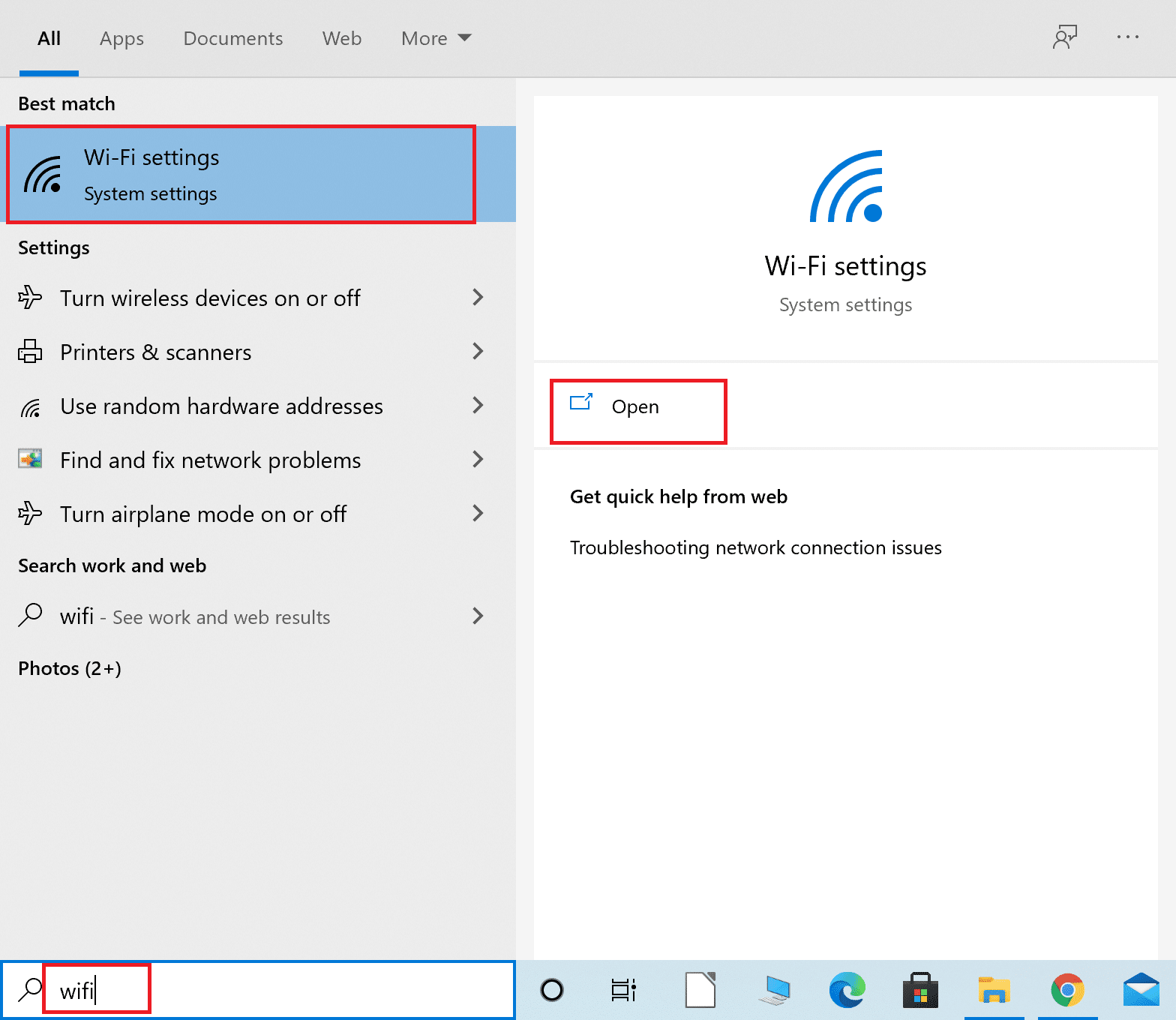 Type Wi-Fi in the Windows search bar. Launch Wi-Fi settings 