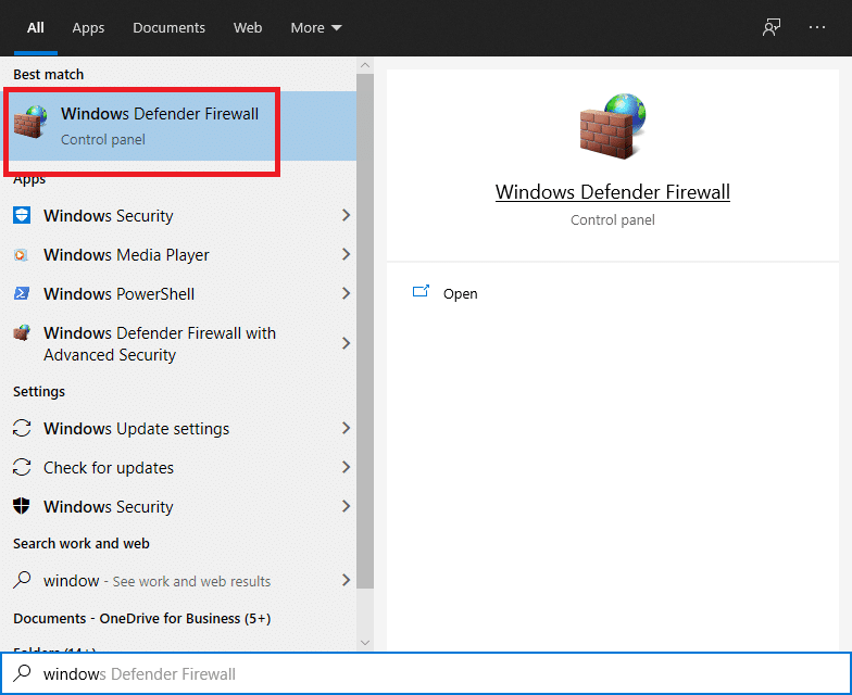 Click the Windows search box to search for Firewall and open Windows Defender Firewall