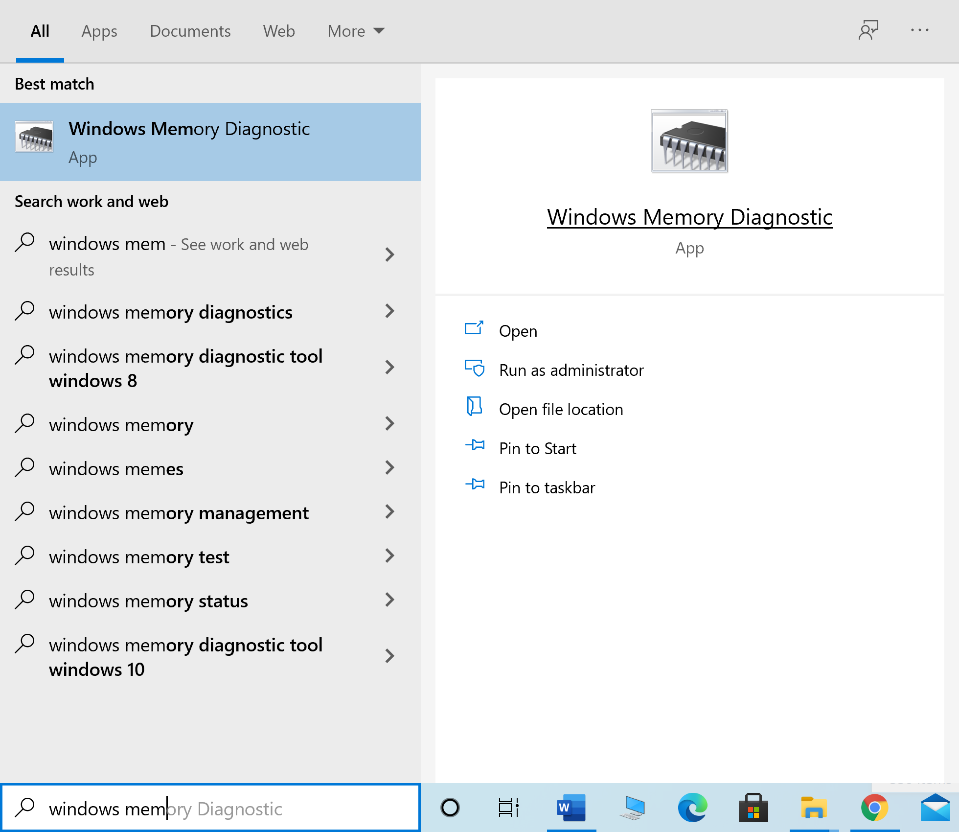 Type Windows Memory Diagnostic into Windows search and launch it from the search result
