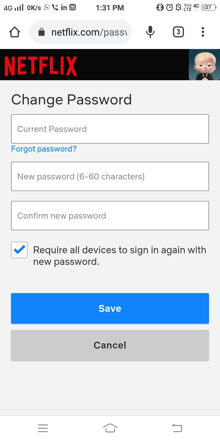 Type your Current password, New password (6-60 characters), and Confirm the new password in the fields.