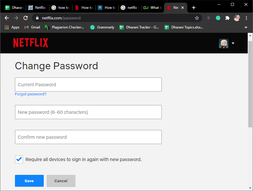 Введите Текущий пароль, Новый пароль (6–60 символов) и Подтвердите новый пароль в полях.