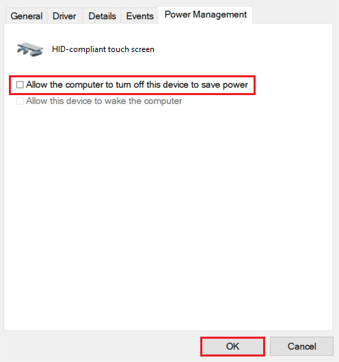 uncheck Allow the computer to turn off this device to save power option in Power Management tab in HID-compliant touch screen Properties