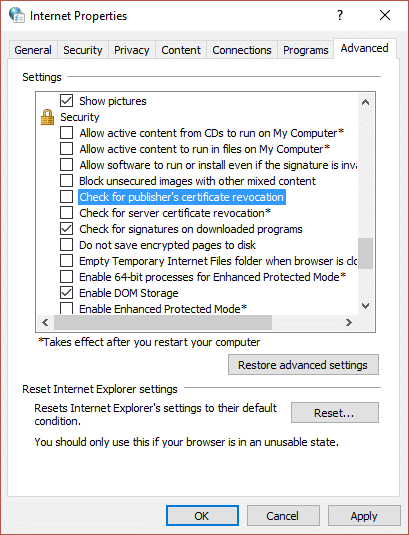 Uncheck Check for publisher's certificate revocation