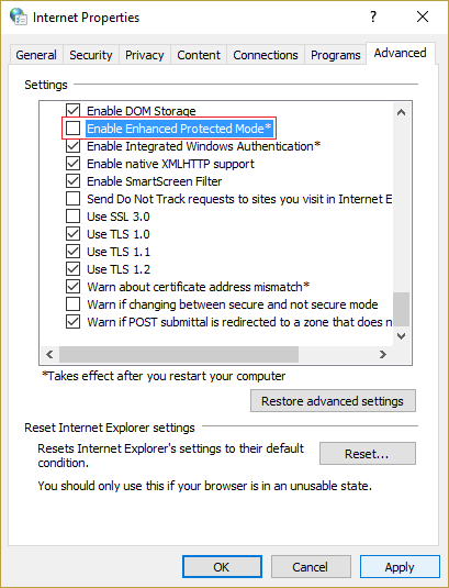 uncheck Enable Enhanced Protected Mode in Internet Properties
