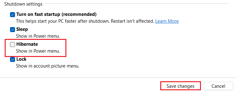 uncheck Hibernate option in Windows 11 Shutdown Settings