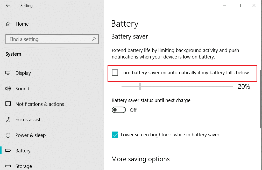 uncheck Turn battery saver on automatically if my battery falls below