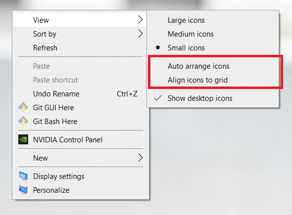 uncheck Auto Arrange Icon and Align Icons to Grid to disable desktop icons auto arrange