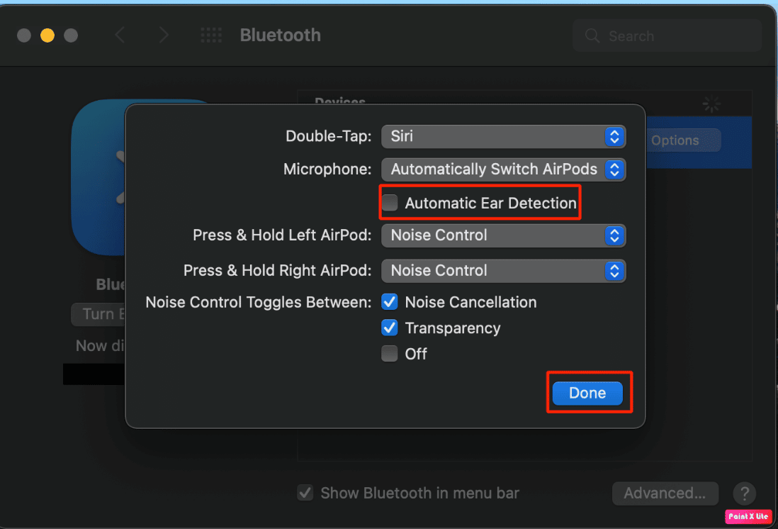 uncheck automatic ear detection and click on done | How to Fix AirPods Connected to Mac but No Sound