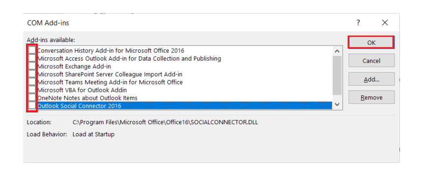 Uncheck boxes for extensions and click ok. Fix Outlook Trying to Connect to Server