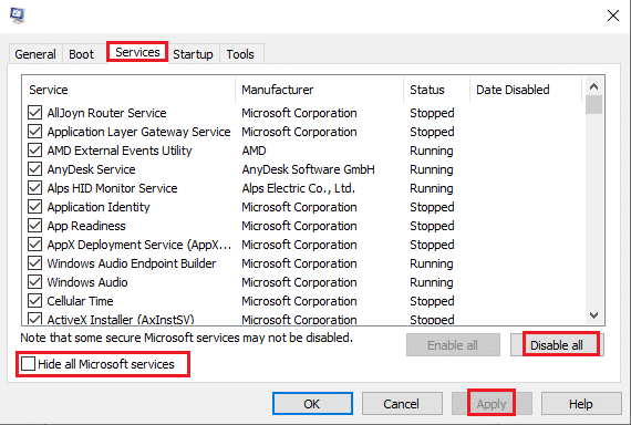 uncheck on the Hide all Microsoft services box and select Disable all on the right side of the window 