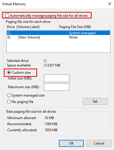 Uncheck the Automatically manage paging file size for all drives option and select the Custom size option