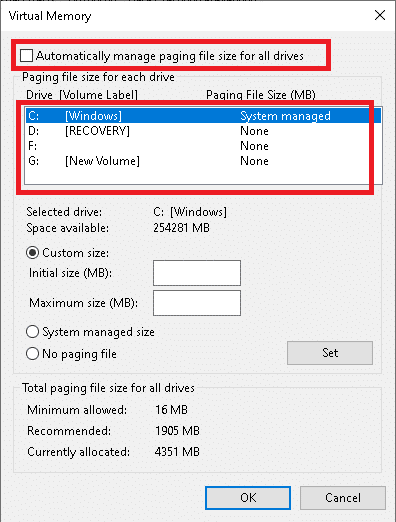 Uncheck the box Automatically manage paging file size for all drivers.Select the drive where you want to move the file. 