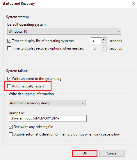 Uncheck the box for Automatically restart and click OK