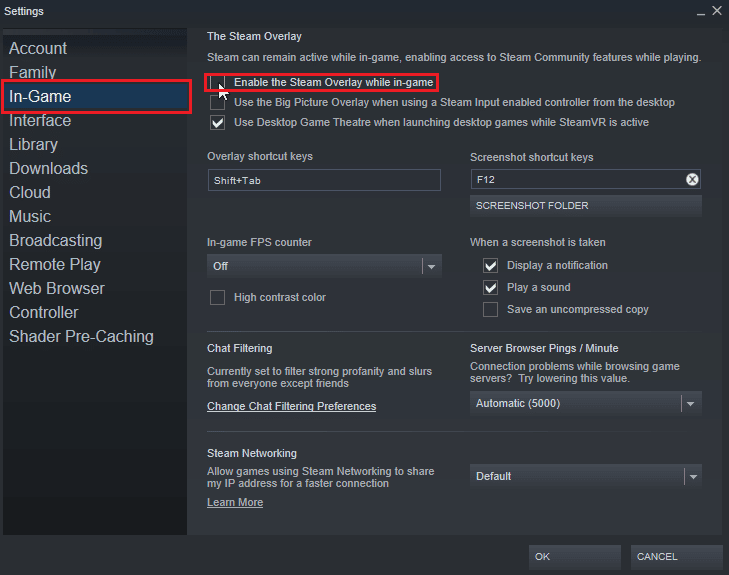 uncheck the option Enable the Steam Overlay while in-game