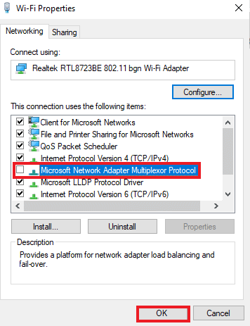 Uncheck the option Microsoft Network Adapter Multiplexor Protocol and click on OK. Fix Hamachi VPN Error in Windows 10