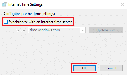Uncheck the option, Synchronize with an Internet time server click OK